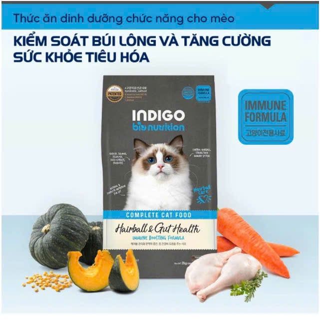  Thức ăn hạt khô hữu cơ cho mèo Indigo kiểm soát búi lông và tăng cường sức khoẻ tiêu hoá 