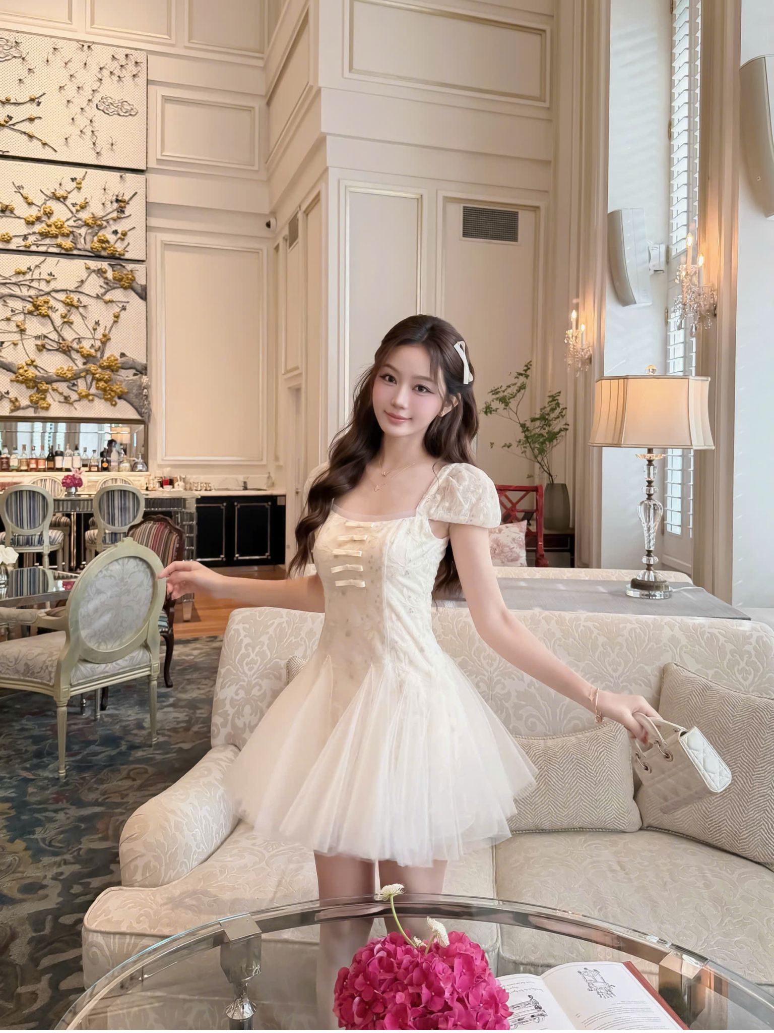 เดรส ลูกไม้ LÁ โบว์ อก