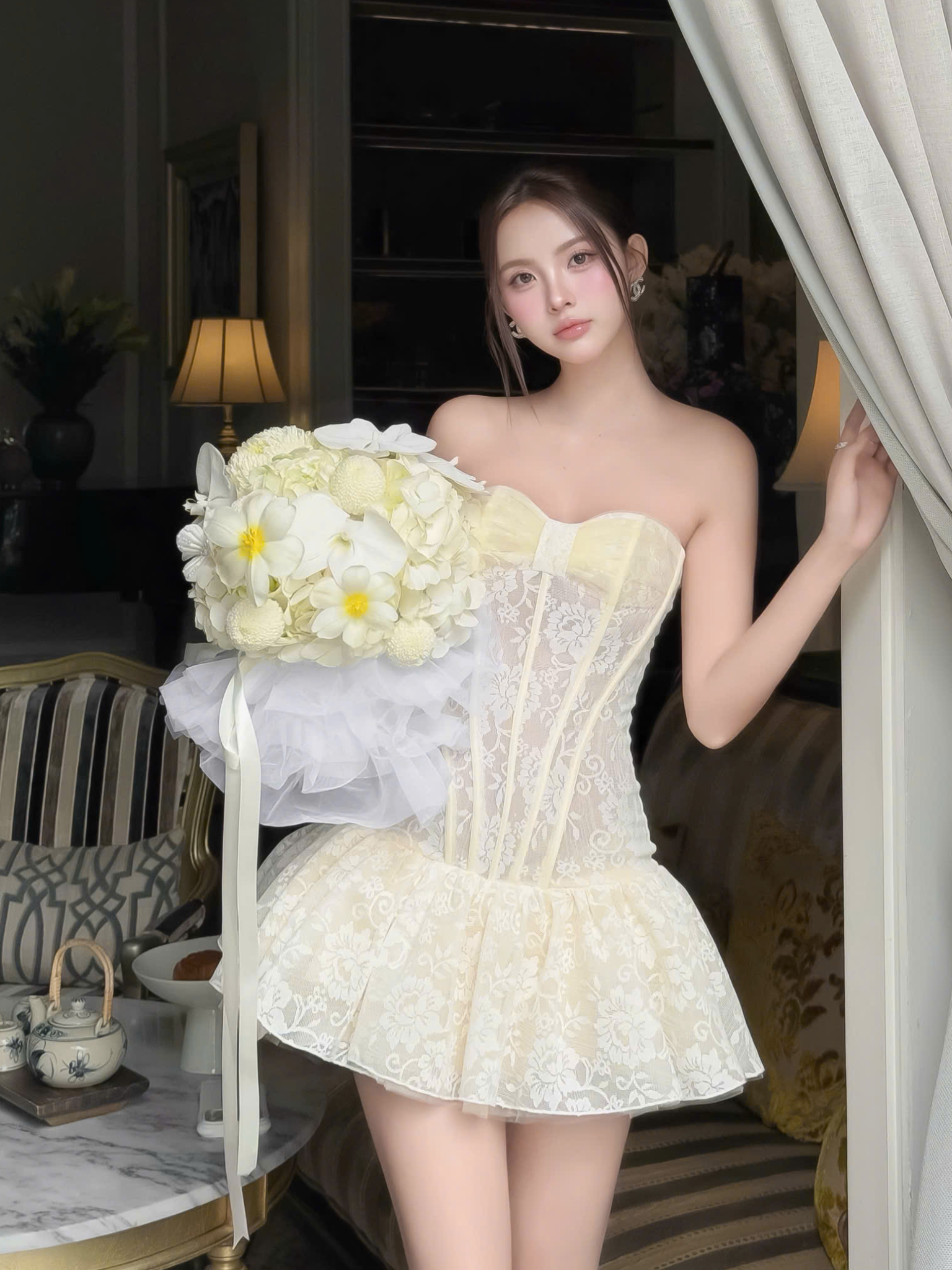 เดรส ลูกไม้ ลายดอก บาน โบว์ อก