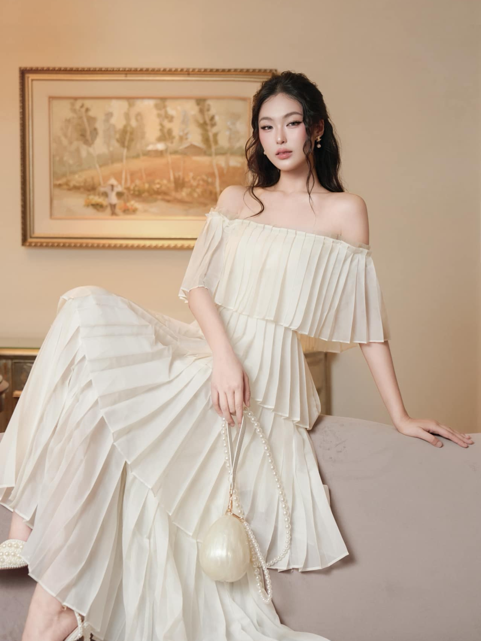 เดรส DẬP พลีท TẦNG BẸT ไหล่