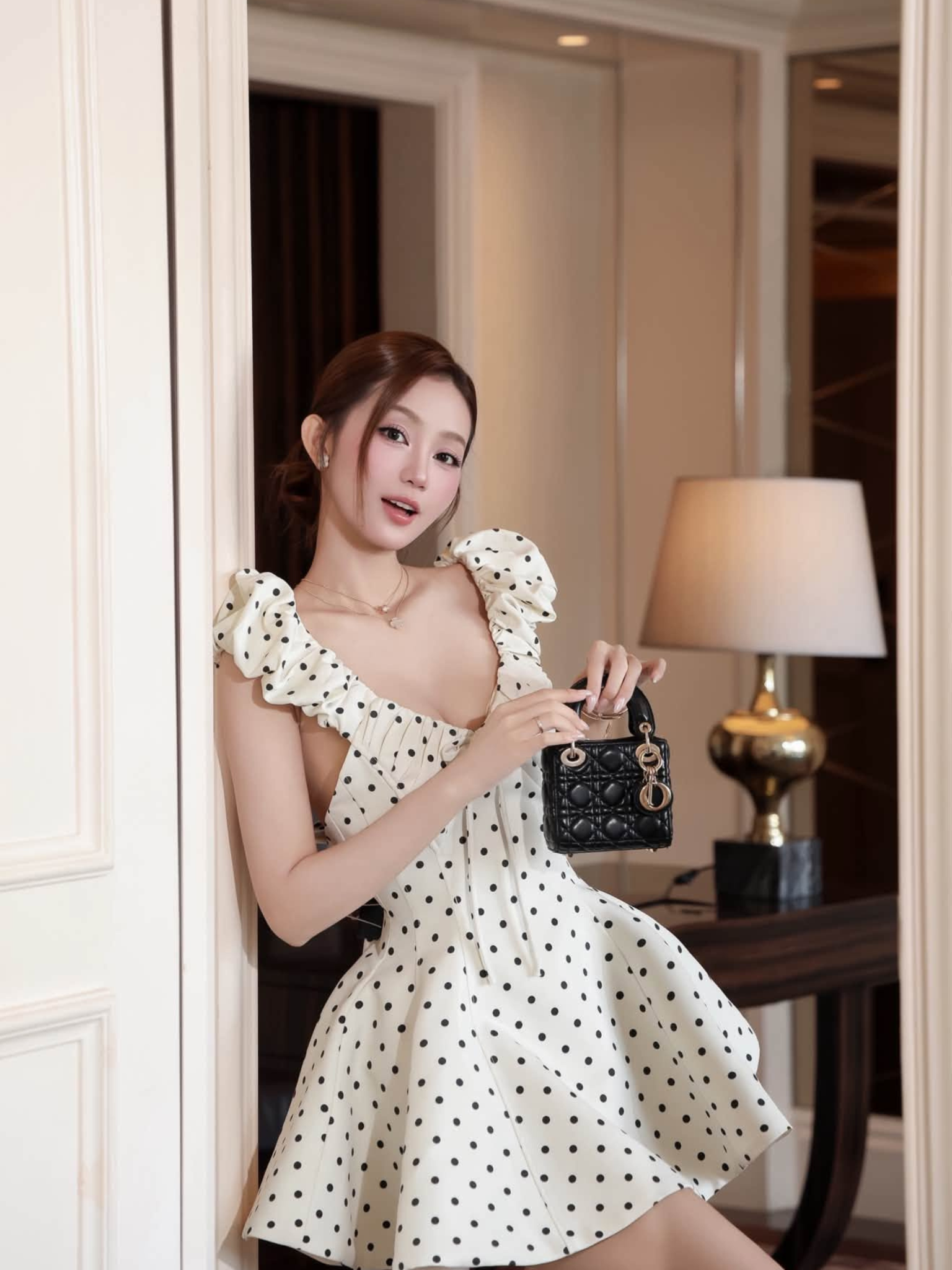 เซ็ต เดรส CHẤM BI โบว์ ยาวครึ่ง
