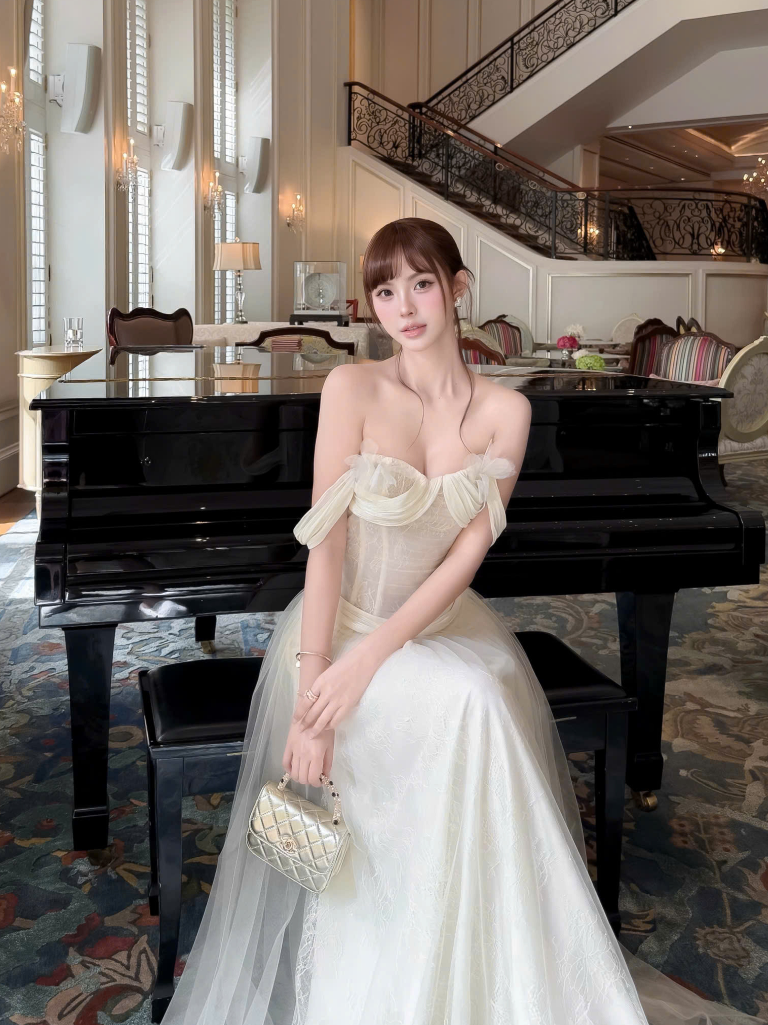 เดรส ลูกไม้ ตาข่าย BẸT ไหล่ ตัดต่อ VOL อก