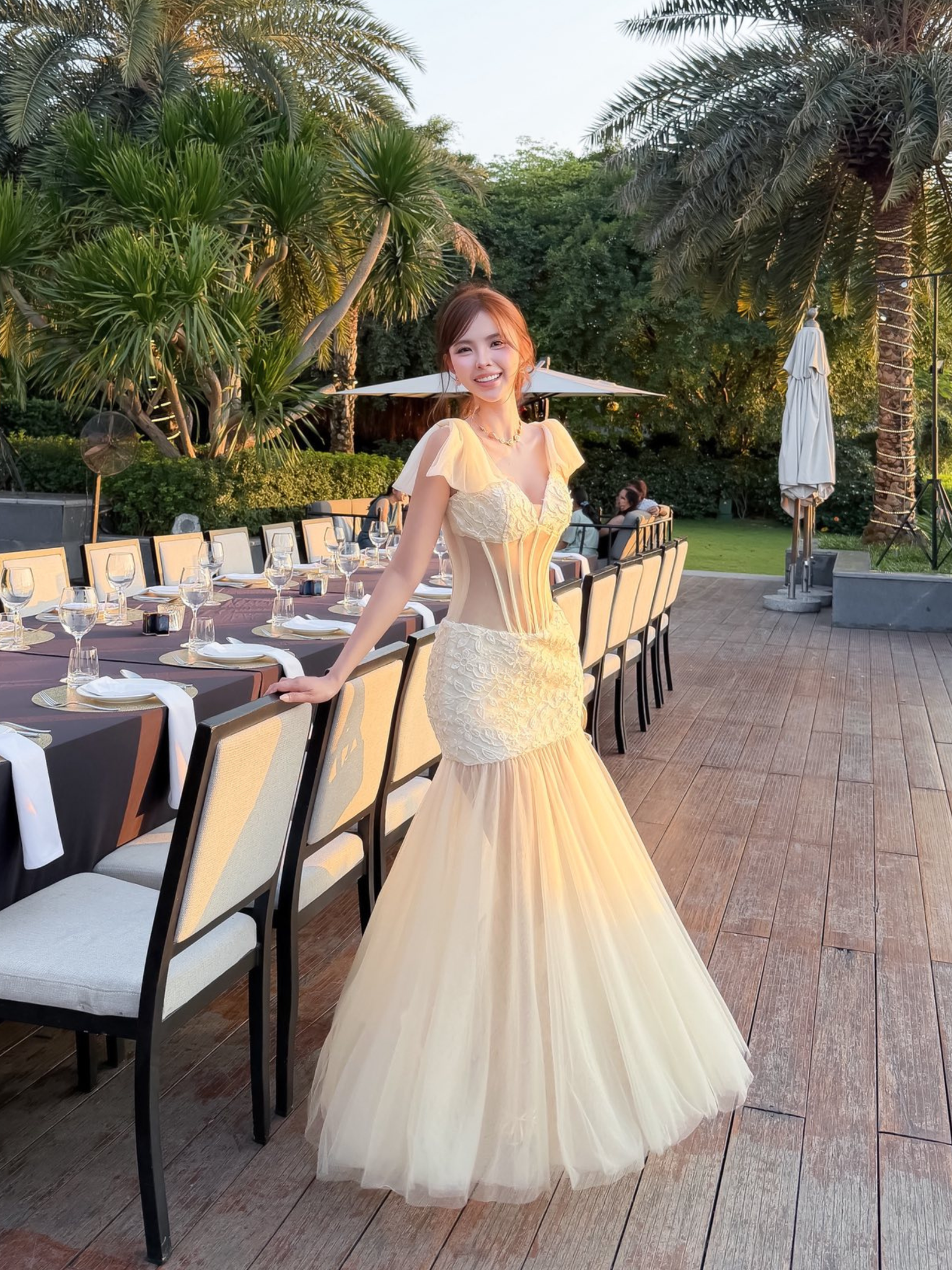 เดรส ลูกไม้ ตัดต่อ ชายกระโปรง ตาข่าย โบว์ ไหล่