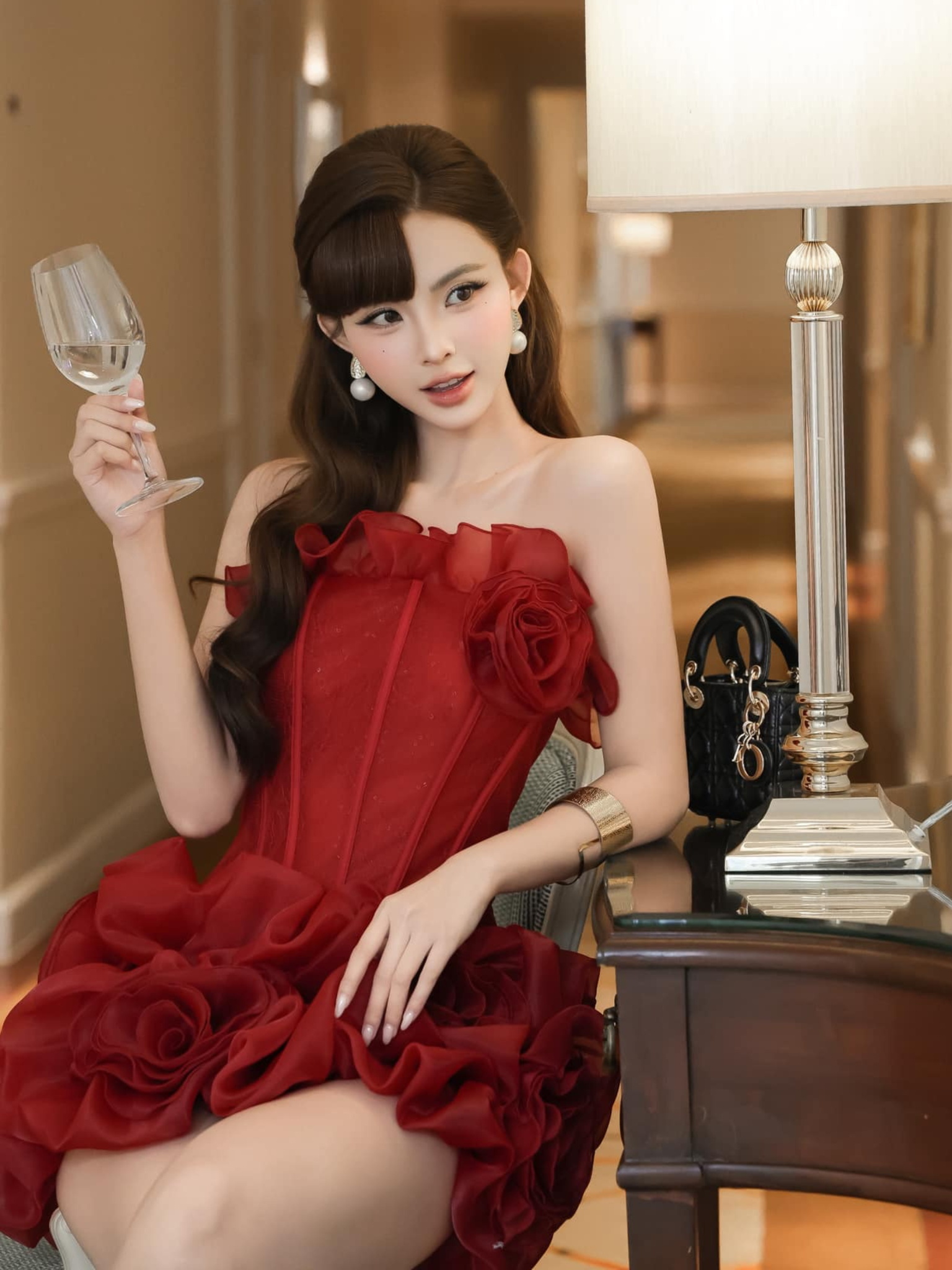 เดรส CÚP ลูกไม้ ชายกระโปรง ลายดอก ชมพู