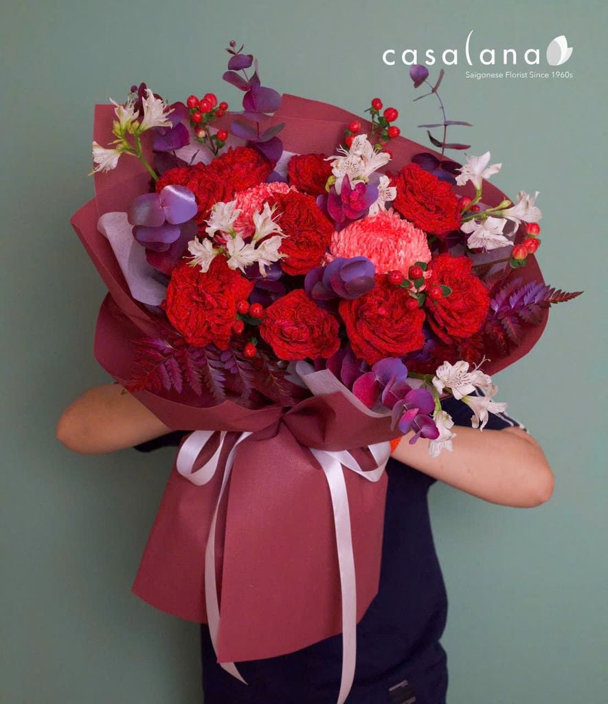  Bó 2 cúc mẫu đơn đỏ mix Ohara đỏ 