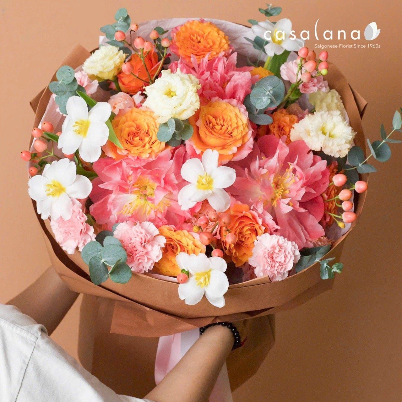  Bó 3 Peony Coral,Tulip, Hoa Hồng Tone Cam 