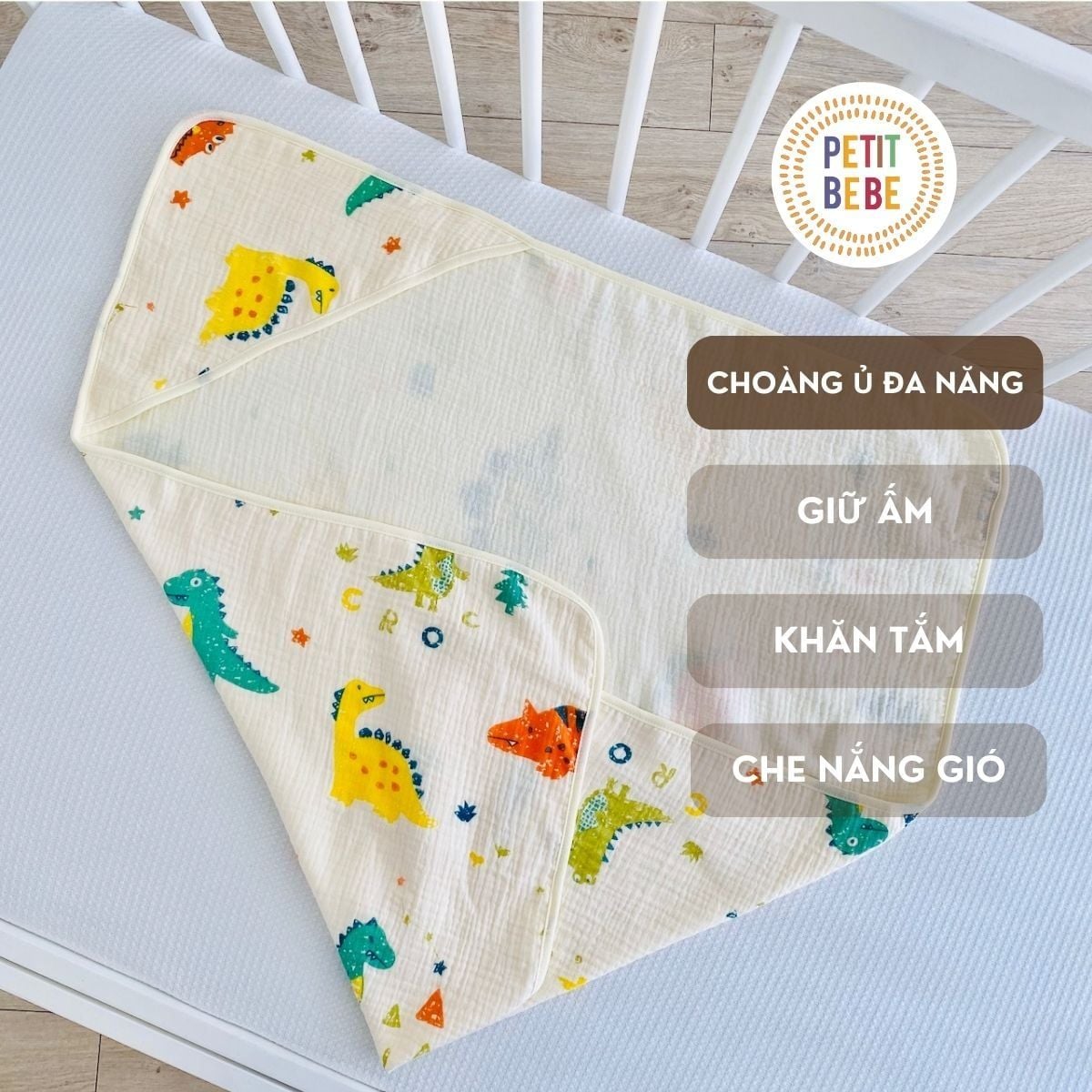  Choàng ủ sơ sinh có mũ PETIT BEBE muslin 4 lớp 