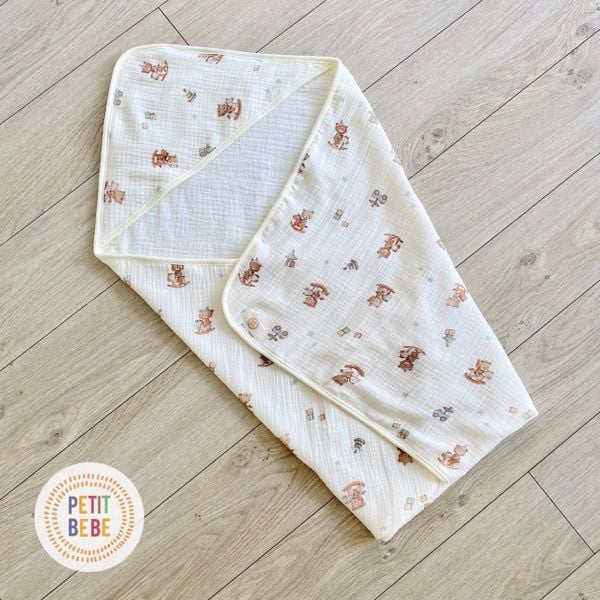  Choàng ủ sơ sinh có mũ PETIT BEBE muslin 4 lớp 