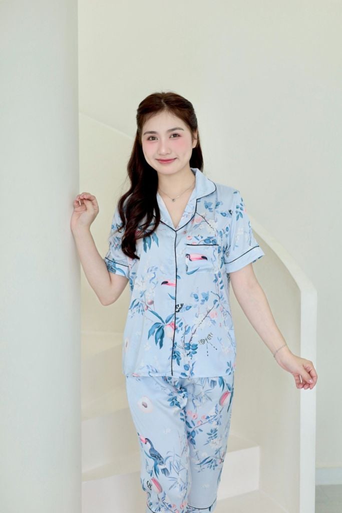 Pijama Lụa latin mềm mại, sang trọng Satino TNQD - Parrot Blue Gray
