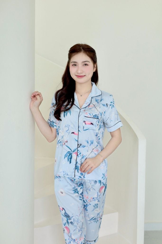 Pijama Lụa latin mềm mại, sang trọng Satino TNQD - Parrot Blue Gray