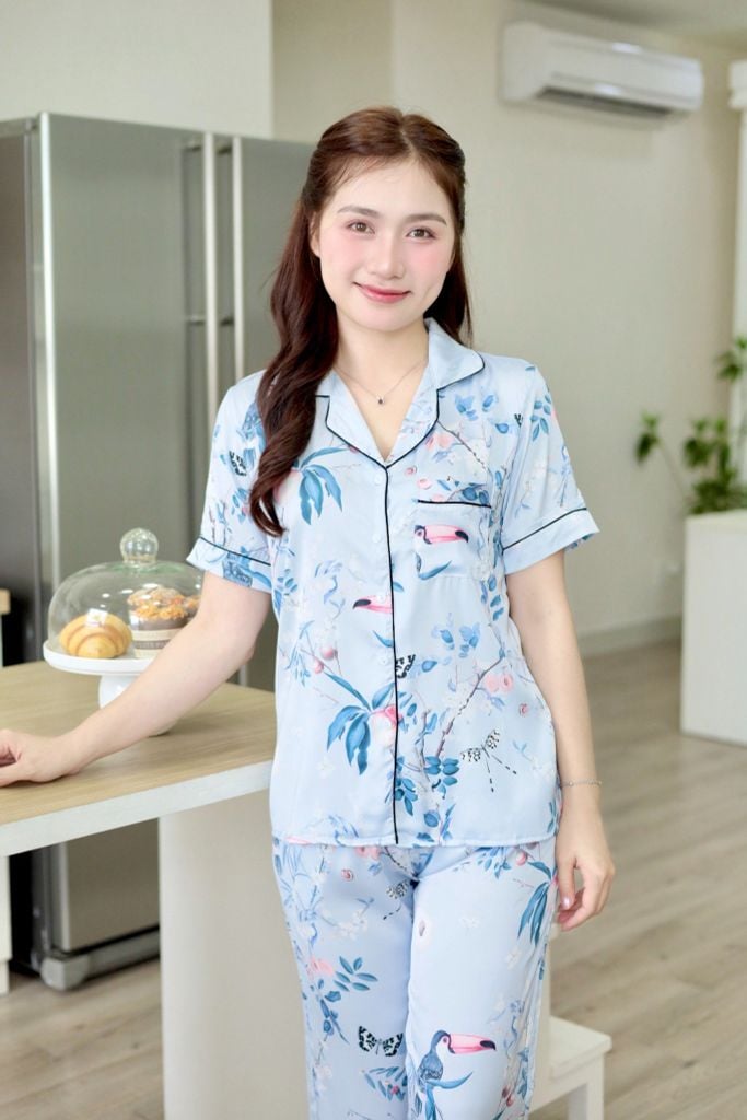 Pijama Lụa latin mềm mại, sang trọng Satino TNQD - Parrot Blue Gray