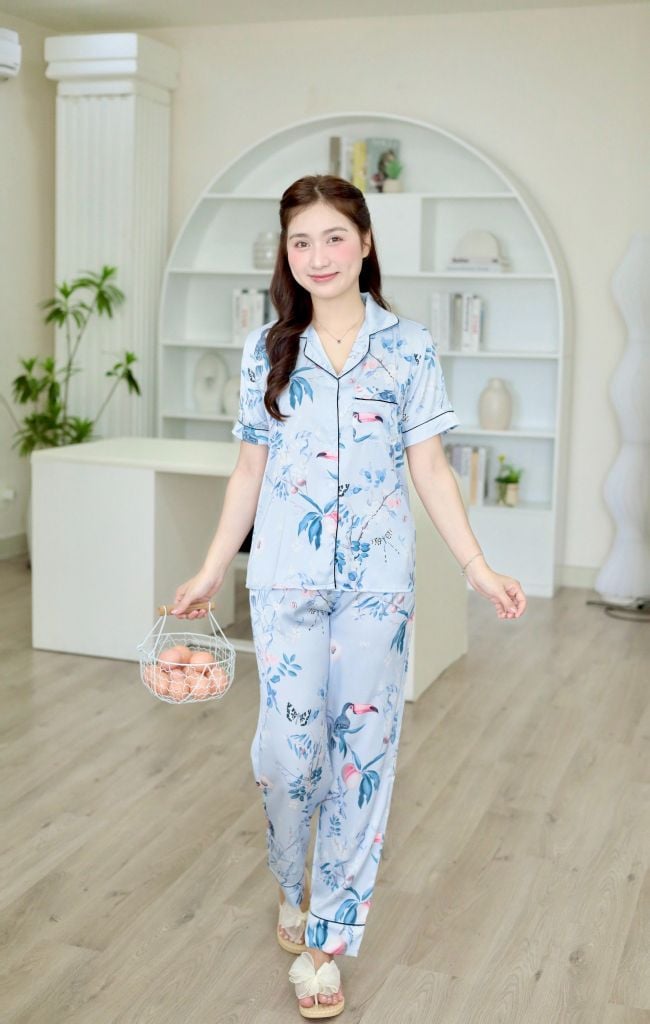 Pijama Lụa latin mềm mại, sang trọng Satino TNQD - Parrot Blue Gray