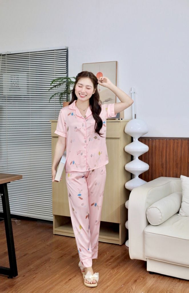 Pijama lụa Latin TNQD - Leaf Blush Pink