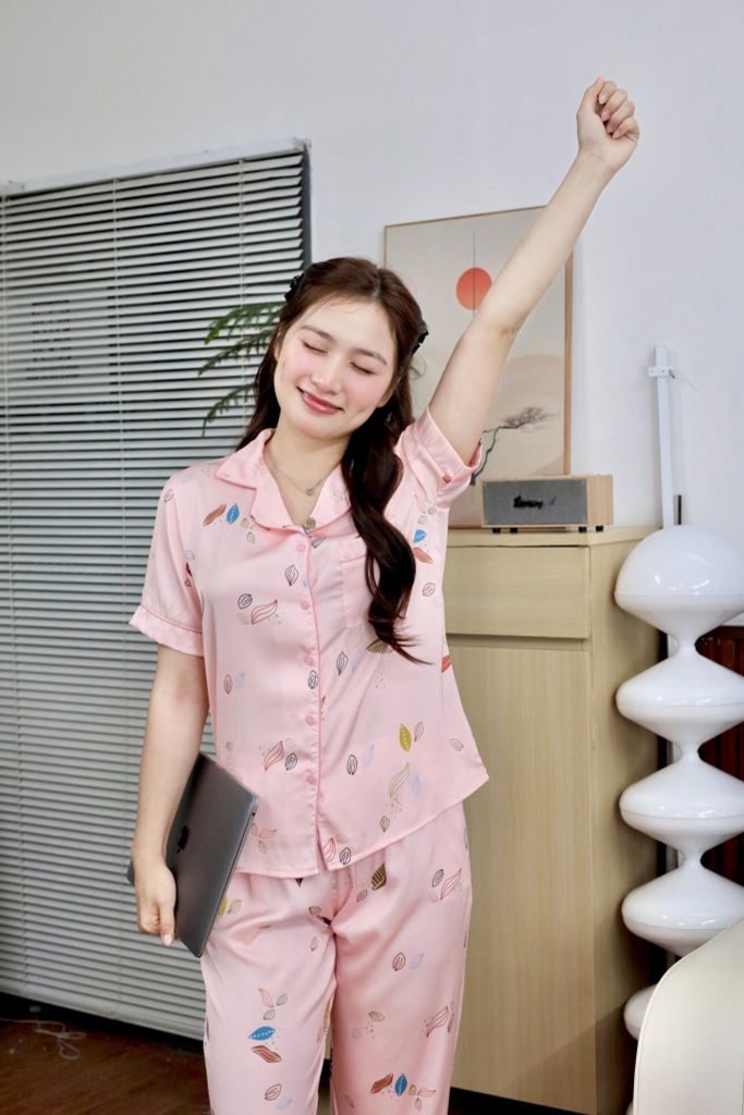 Pijama lụa Latin TNQD - Leaf Blush Pink