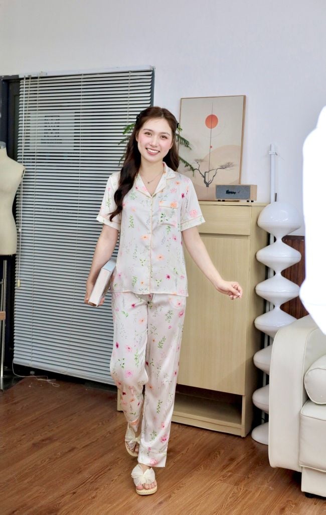 Pijama lụa Latin TNQD - Floral Ivory
