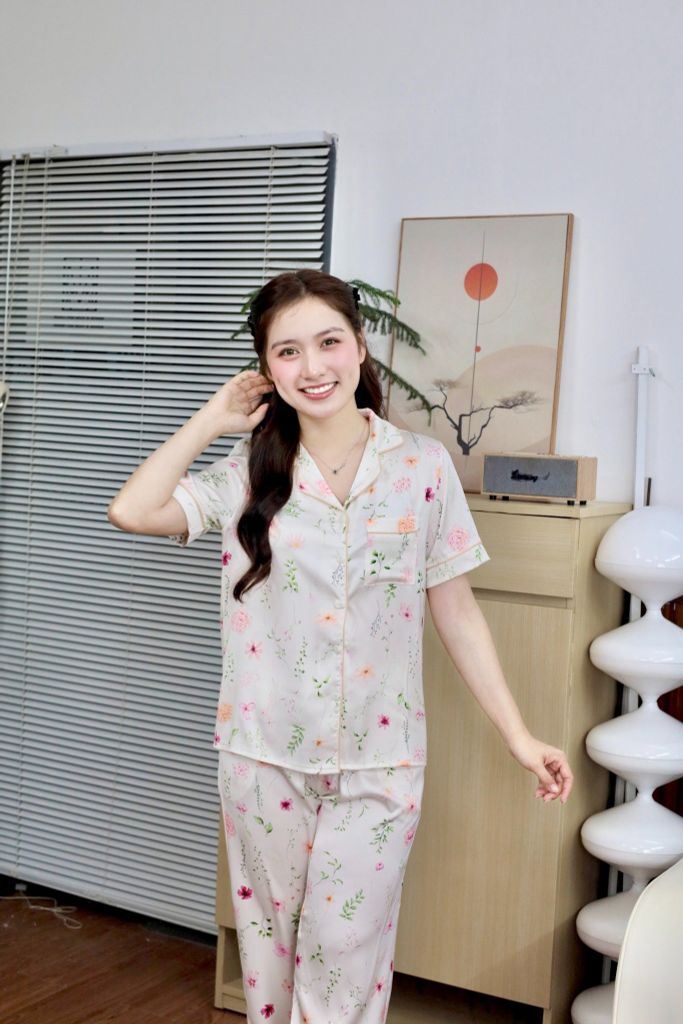Pijama lụa Latin TNQD - Floral Ivory