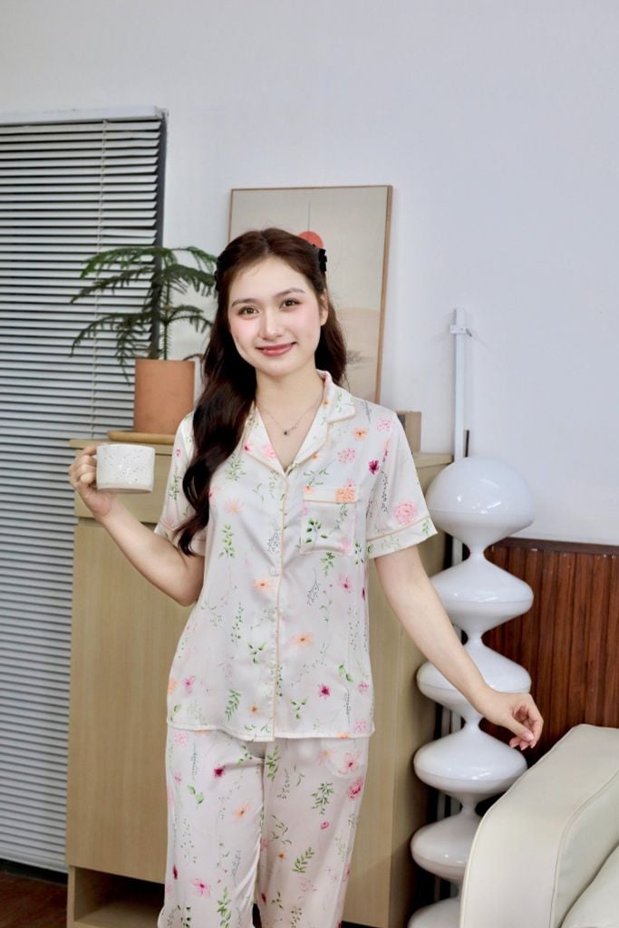 Pijama lụa Latin TNQD - Floral Ivory