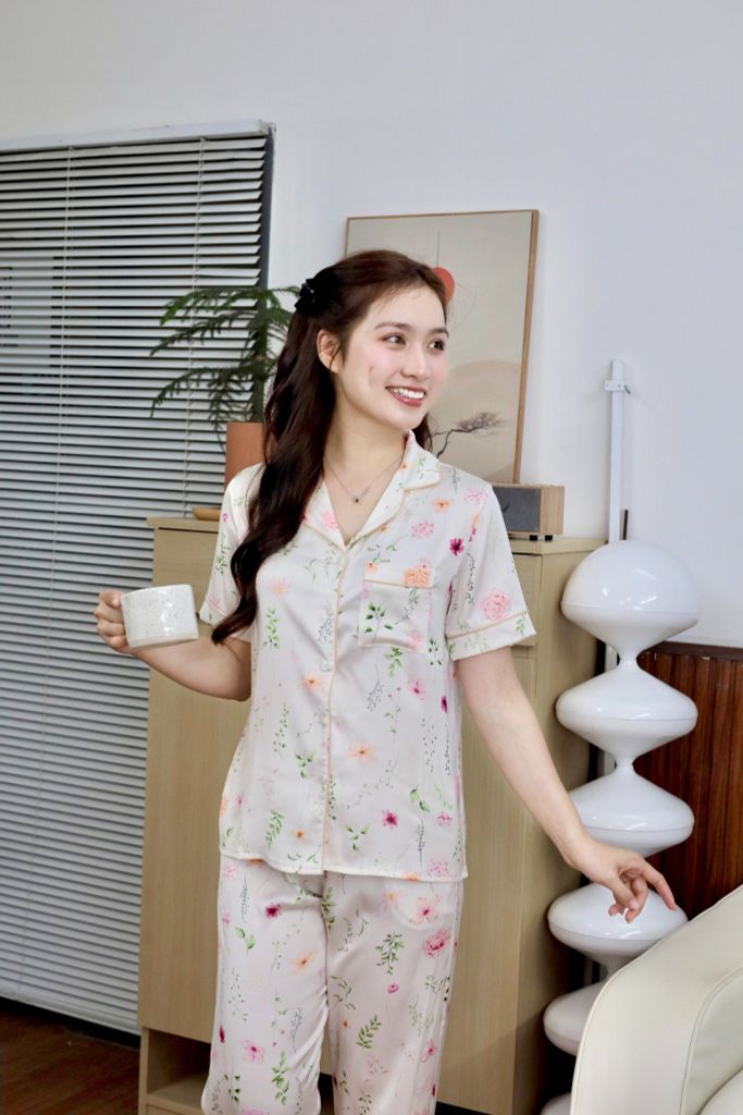 Pijama lụa Latin TNQD - Floral Ivory