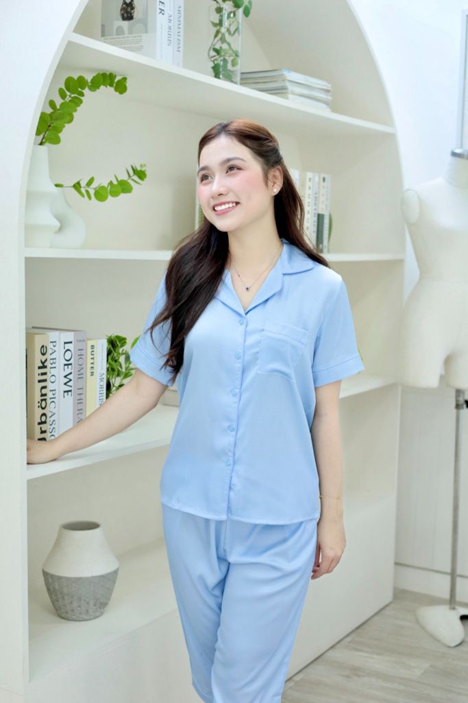 Pijama lụa Latin trơn TNQL - Blue