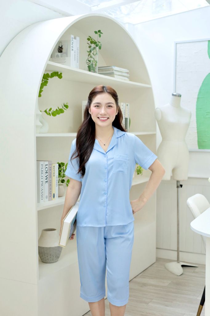 Pijama lụa Latin trơn TNQL - Blue