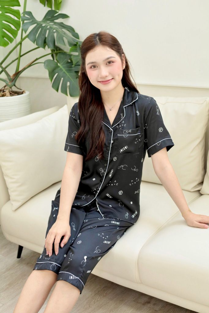 Pijama Lụa latin mềm mại, sang trọng Satino TNQL - Meow Black
