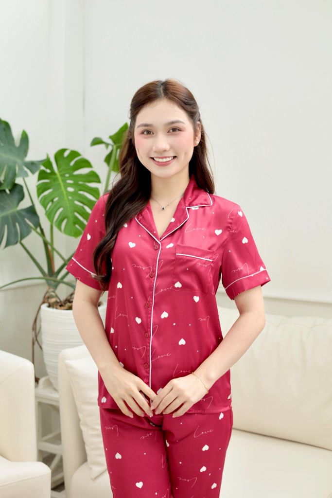 Pijama Lụa latin mềm mại, sang trọng Satino TNQL - Love Red Wine