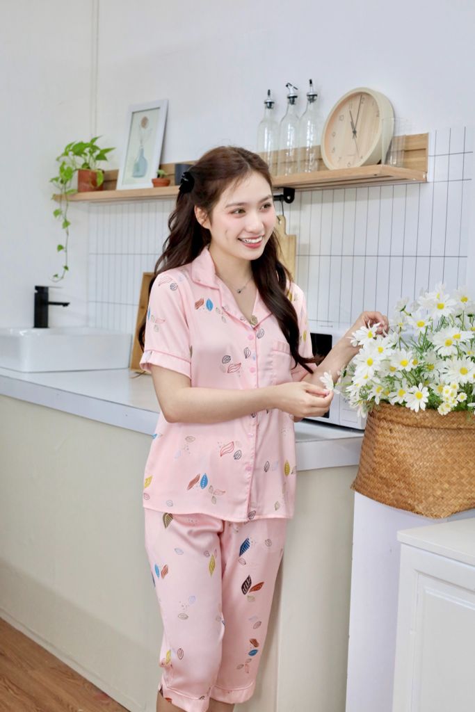 Pijama lụa Latin TNQL - Leaf Blush Pink