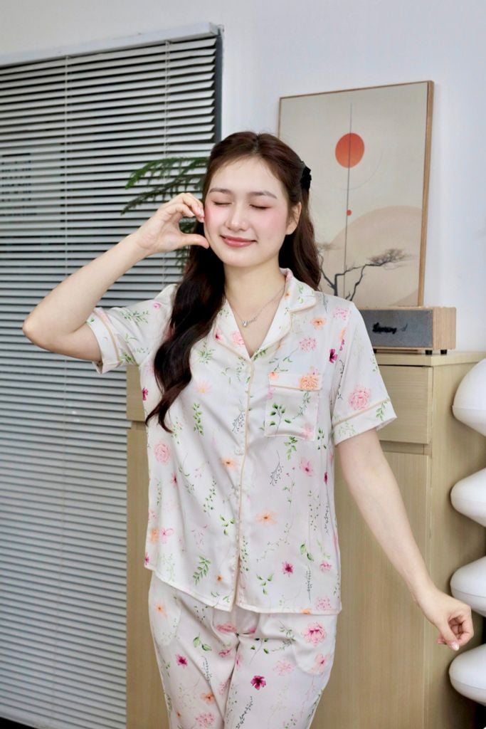 Pijama lụa Latin TNQL - Floral Ivory