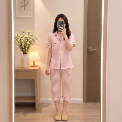 Pijama Lụa Latin TNQL - Stripe Pink