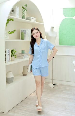 Pijama Lụa Latin trơn Satino TNQN - Blue