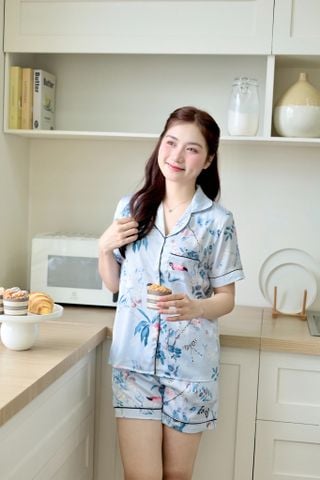 Pijama Lụa latin mềm mại Satino TNQN - Parrot Blue Gray