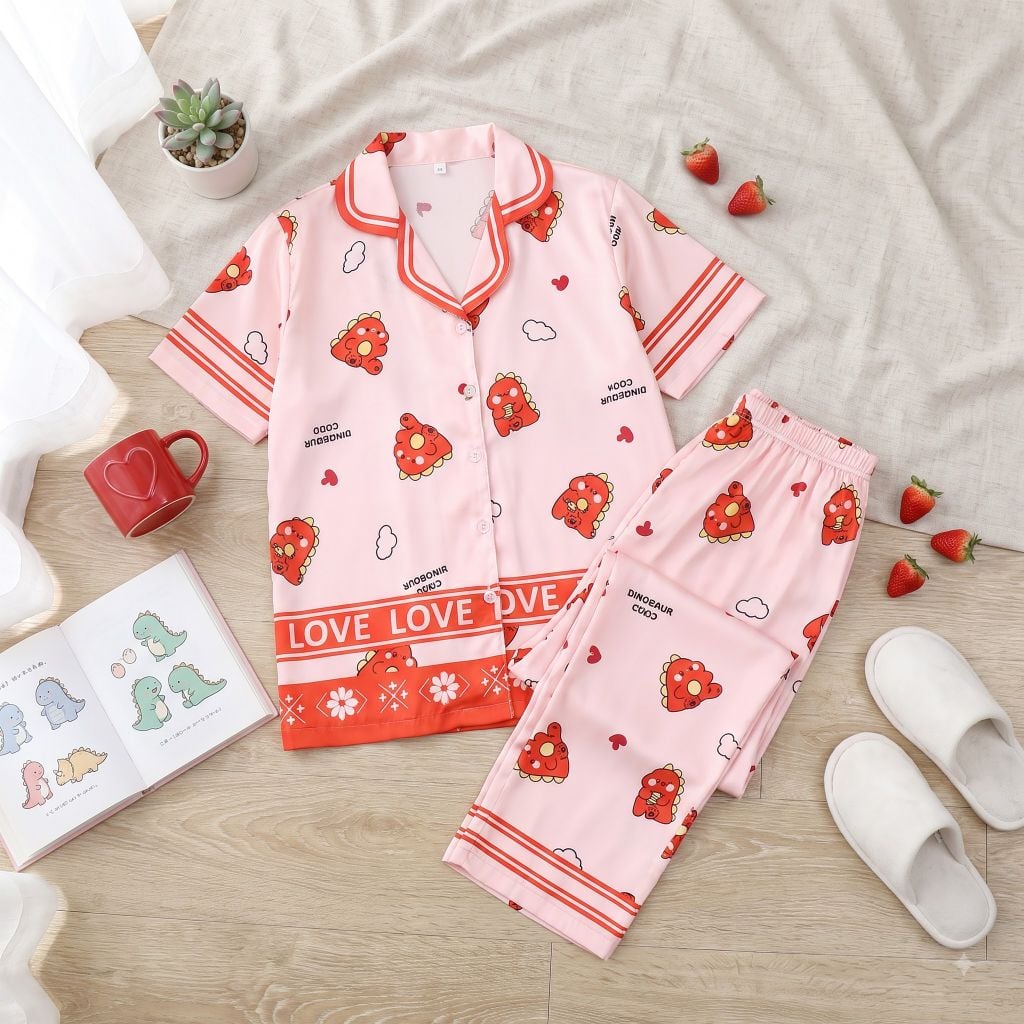Pijama lụa Latin TNQD - Dino Red