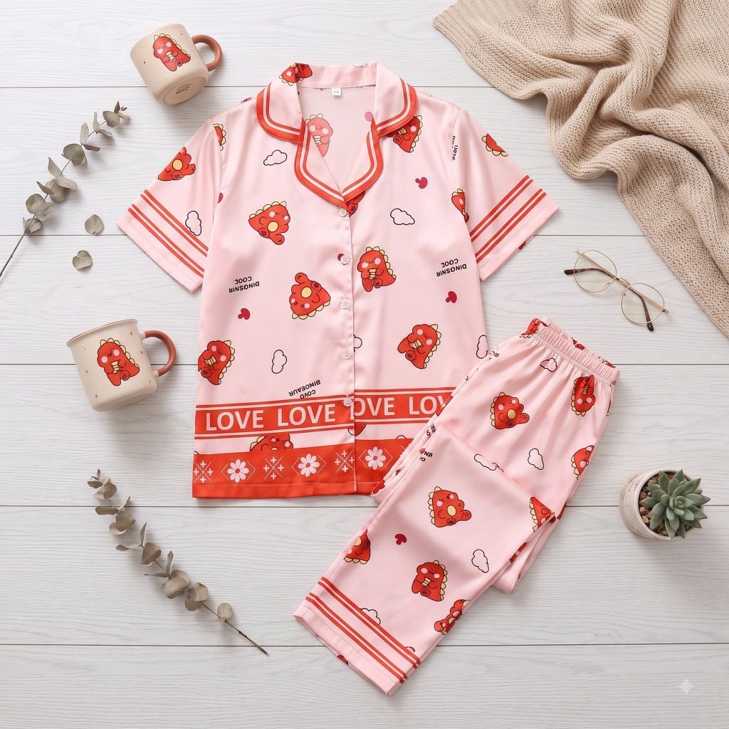 Pijama lụa Latin TNQD - Dino Red