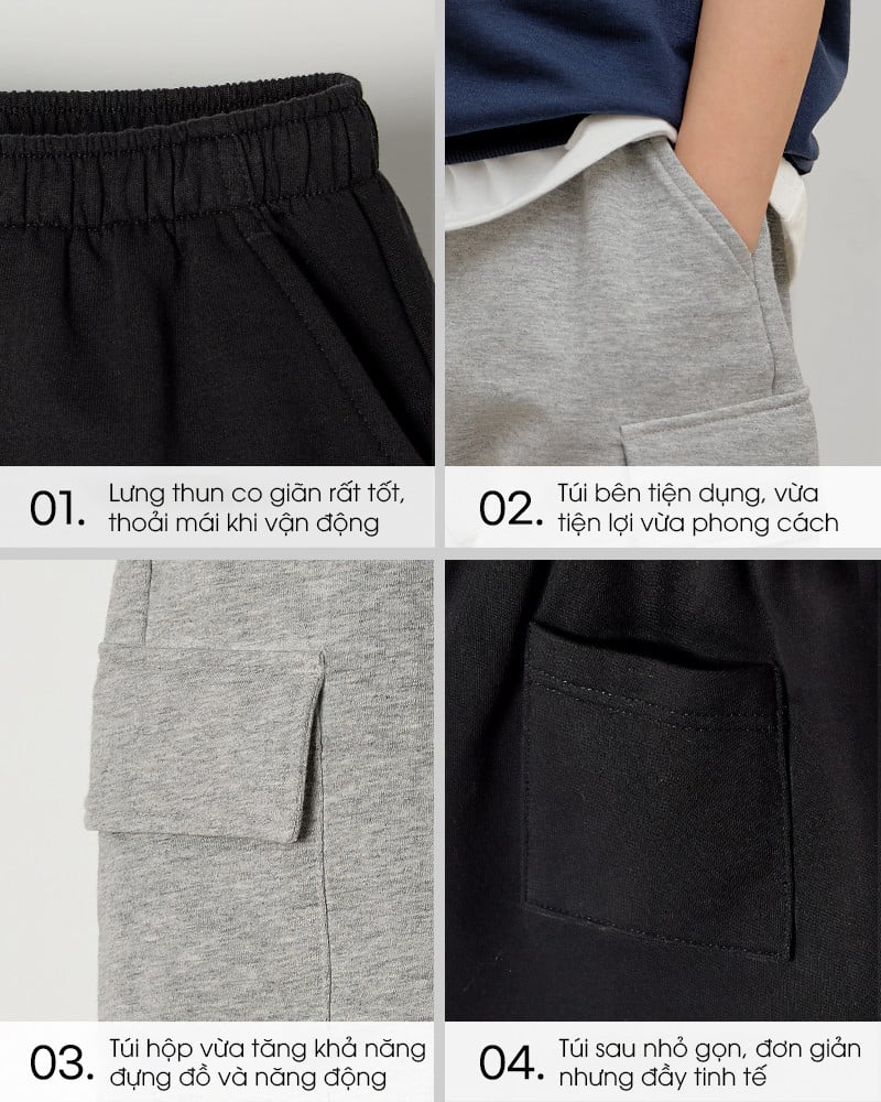 Quần short cargo basic vải cotton spandex cho bé trai và bé gái U950V