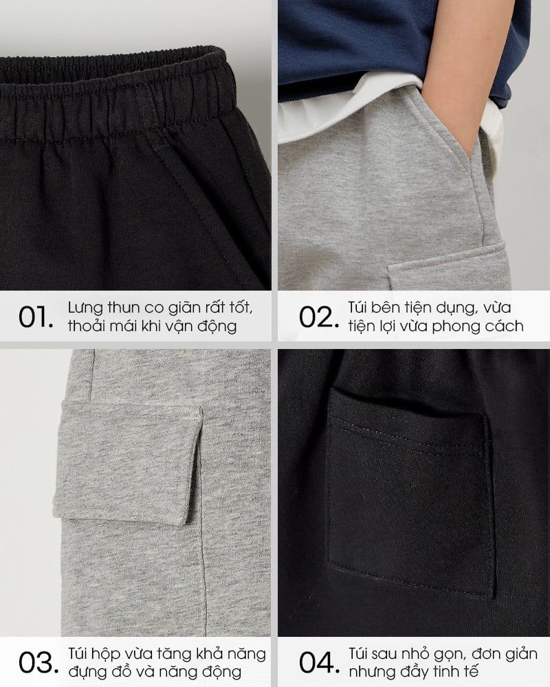 Quần short cargo basic vải cotton spandex cho bé trai và bé gái U950V