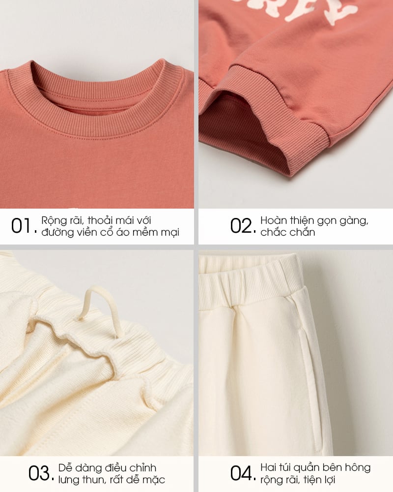 Bộ đồ dài dáng rộng vải nỉ da cá cotton bé trai và bé gái U1295