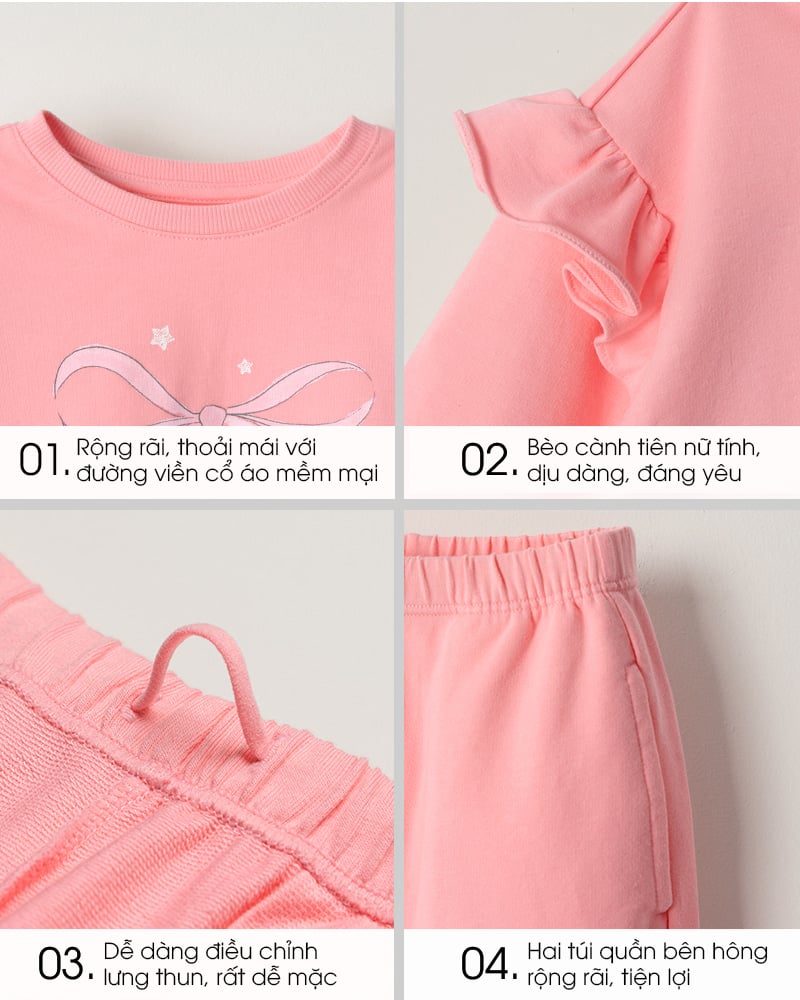 Bộ đồ dài dáng rộng vải nỉ da cá cotton bé gái U1284