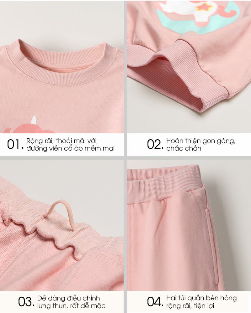 Bộ đồ dài dáng rộng vải nỉ da cá cotton bé gái U1282