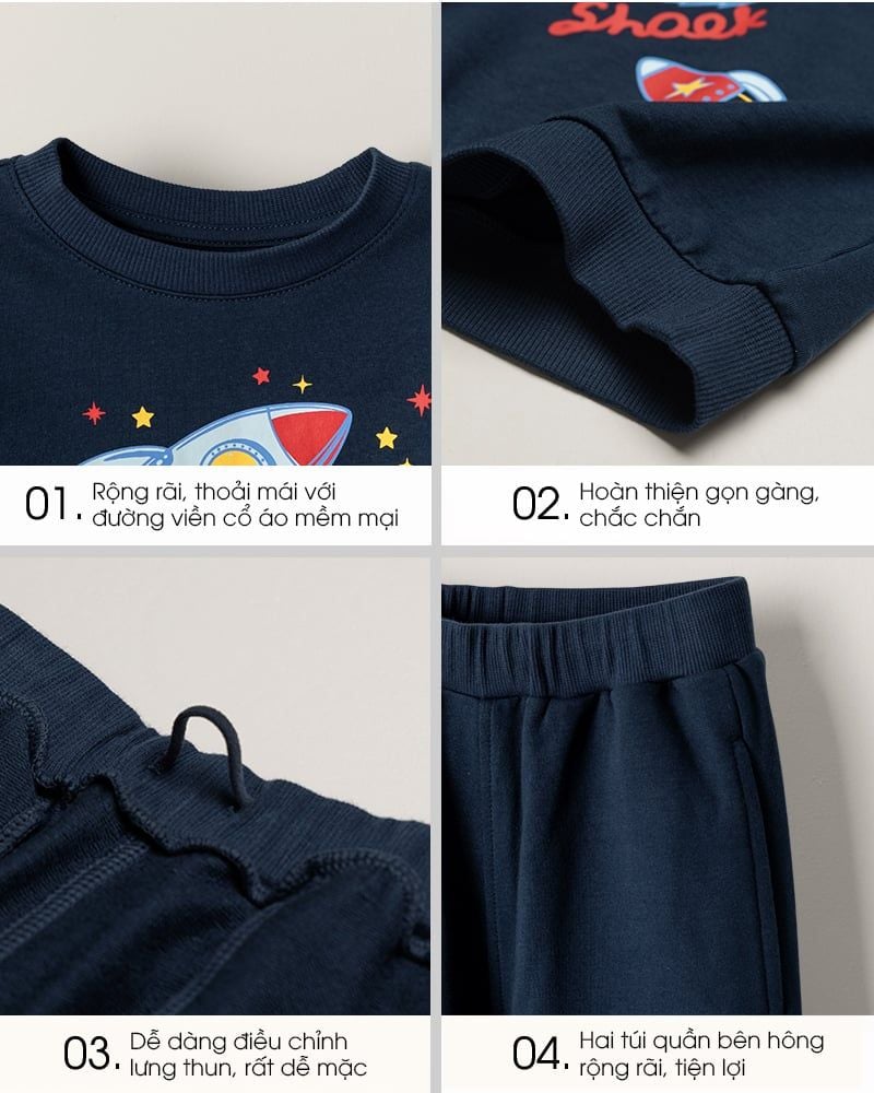 Bộ đồ dài dáng rộng vải nỉ da cá cotton bé trai U1281