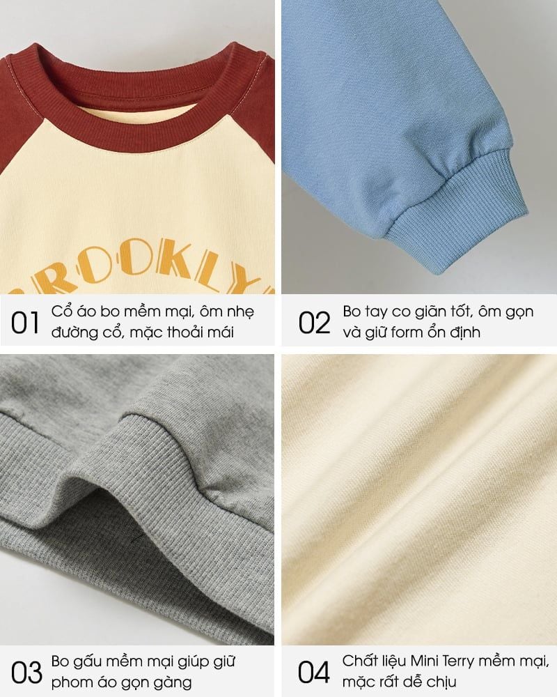 Áo sweater dài tay vải nỉ da cá cotton bé trai và bé gái U900T