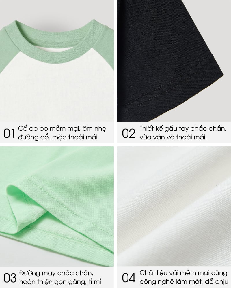 Áo thun tay ngắn Raglan vải cotton thoáng mát bé trai và bé gái U900Q