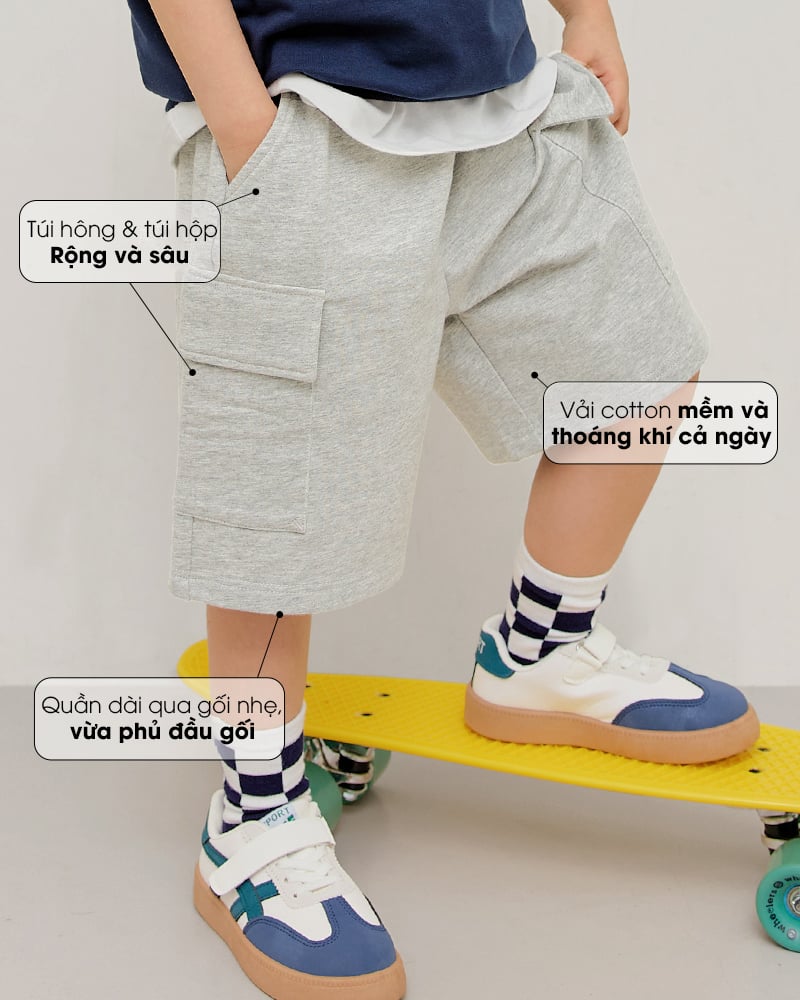 Quần short cargo basic vải cotton spandex cho bé trai và bé gái U950V
