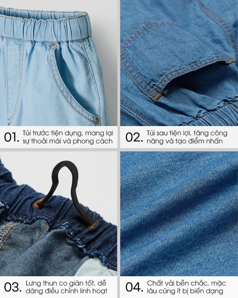 Quần short siêu nhẹ vải denim cotton mỏng mềm mại U950X