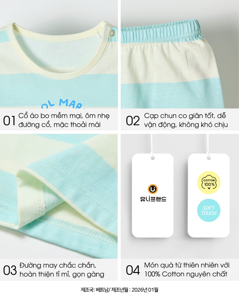 Bộ đồ ngắn cotton mịn bé trai và bé gái U3224