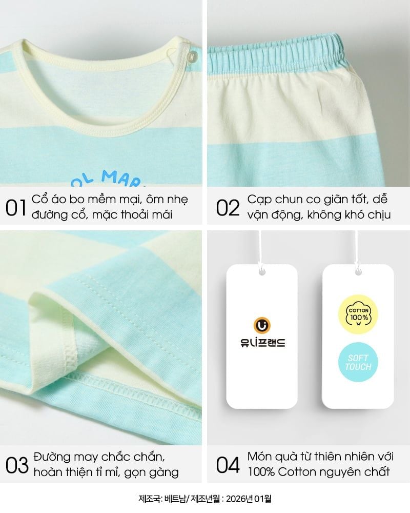 Bộ đồ ngắn cotton mịn bé trai và bé gái U3224