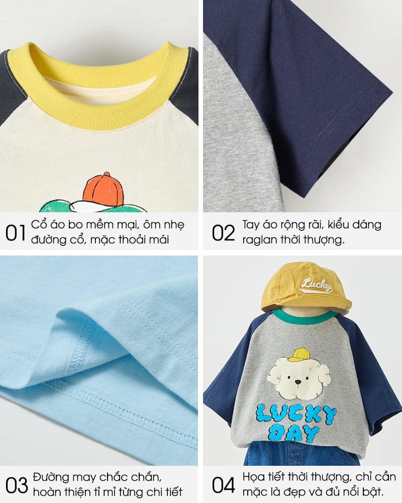 Áo thun tay ngắn Raglan vải cotton cho bé trai và bé gái U900N