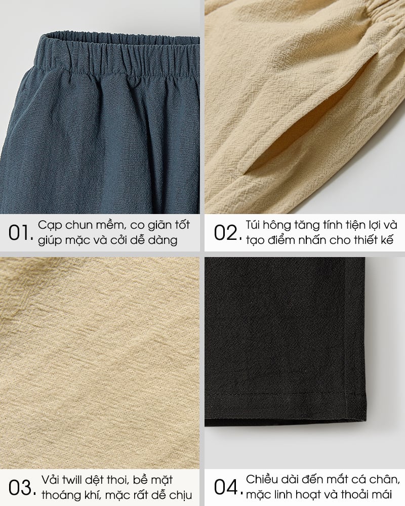 Quần vải cotton dệt thoi, mỏng nhẹ, dài đến mắt cá chân U950R