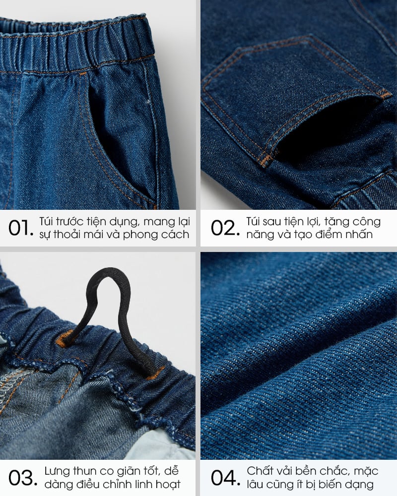 Quần short jean dài qua gối ống suông bé trai và bé gái U951A