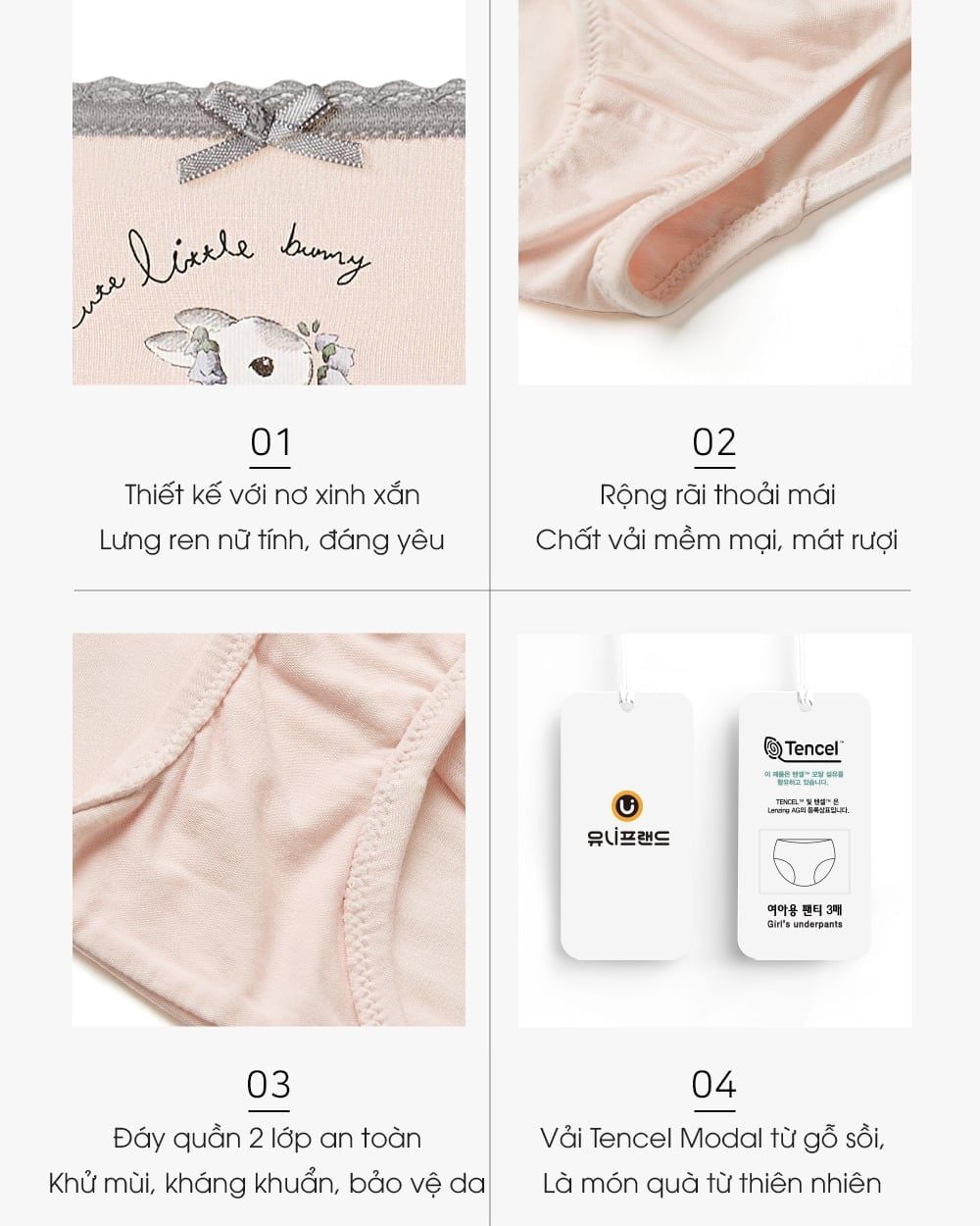 Set 3 quần chip tam giác vải Tencel siêu mềm mịn cho bé gái U6062