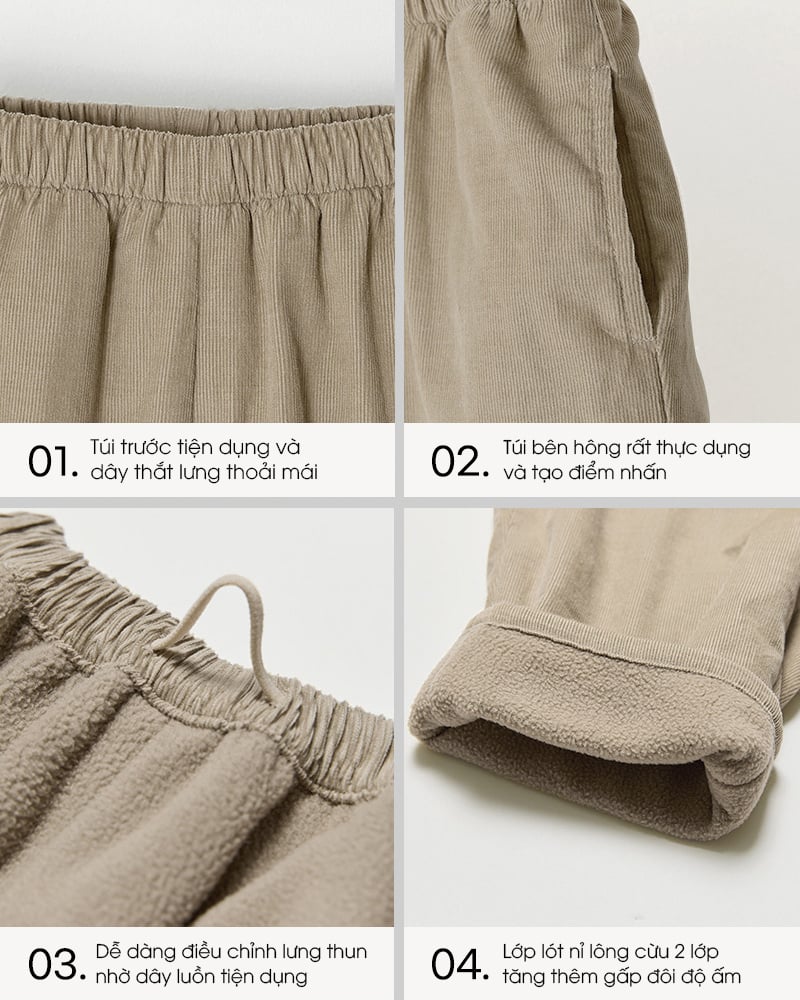 Quần dài nhung gân nhỏ mịn lót nỉ lông cừu hai lớp siêu mềm nhẹ và ấm áp U950M